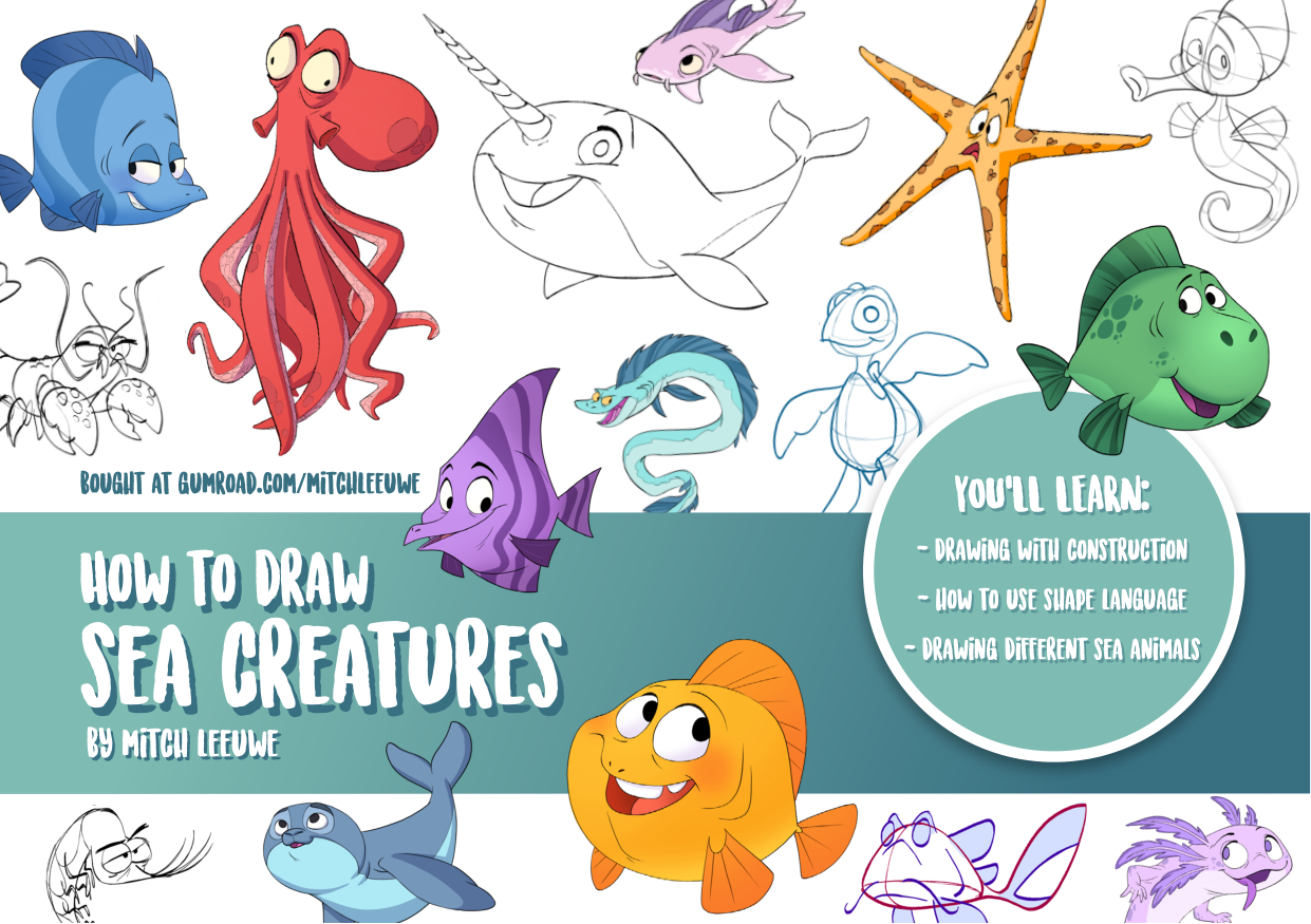 图片[1]-T1170-海洋生物绘画教程 | How to Draw Sea creatures-爱画画的卷心菜